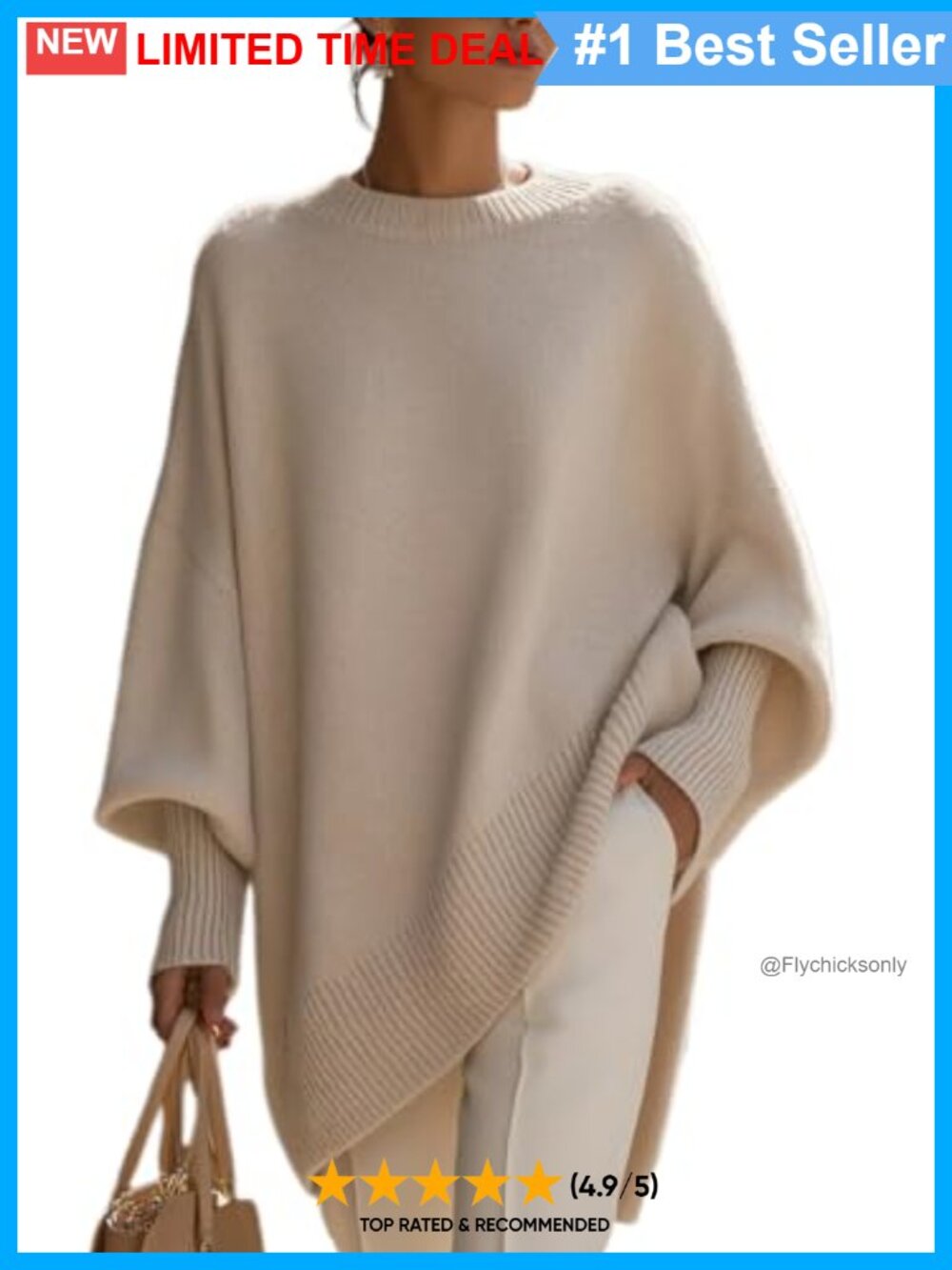 Oversized Batwing Sleeve Knit Sweater Crewneck Tunic Pullover
